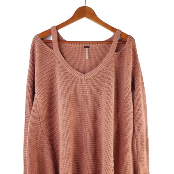 Free People Orange Moonshine V-neck Waffle Pullover. Size Medium - Picture 2 of 5